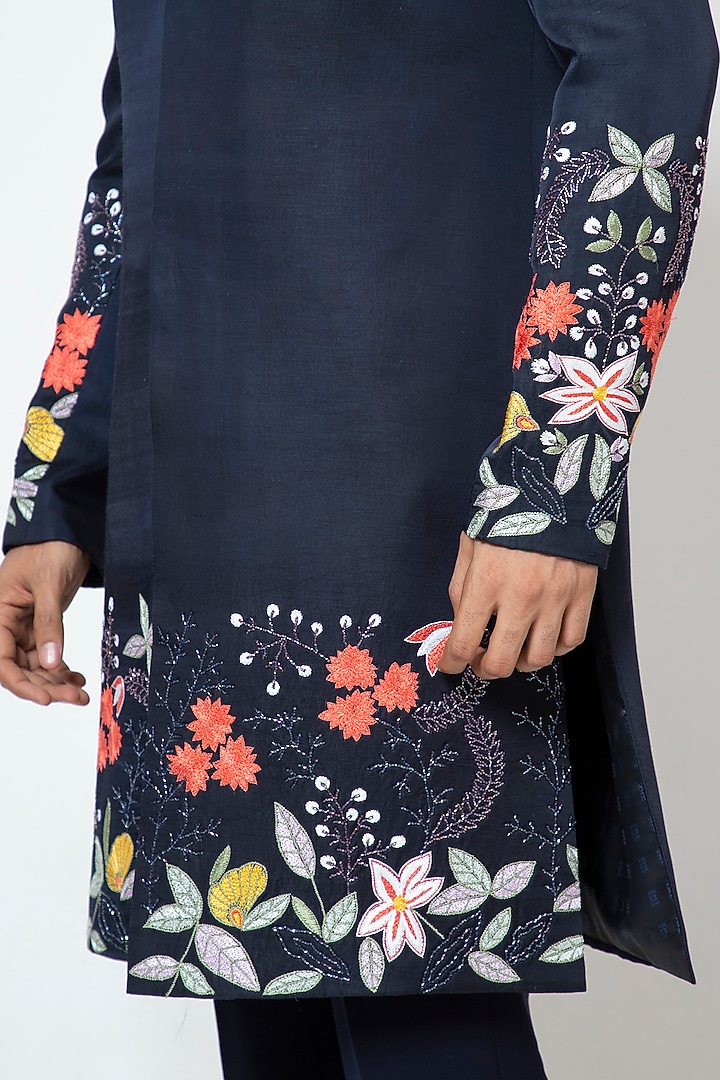 Midnight Blue Linen Satin Floral Motif Embroidered Achkan Jacket Set by YOSEBA at Pernia's Pop Up Shop