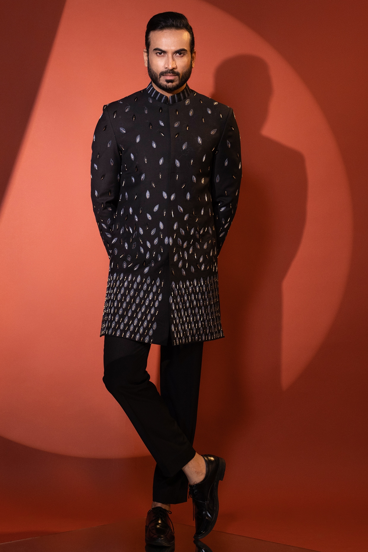 YOSEBA Black Premium Suiting Fabric Thread & Zardosi Embellished Achkan Jacket Set