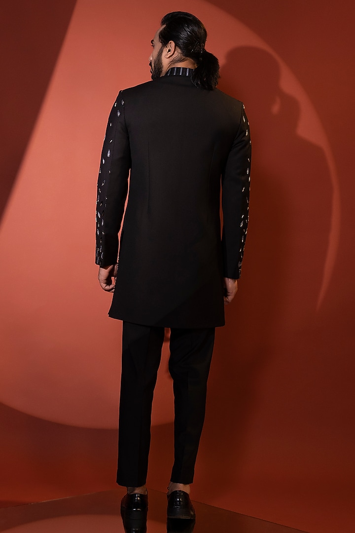Black Premium Suiting Fabric Thread & Zardosi Embellished Achkan Jacket Set by YOSEBA at Pernia's Pop Up Shop