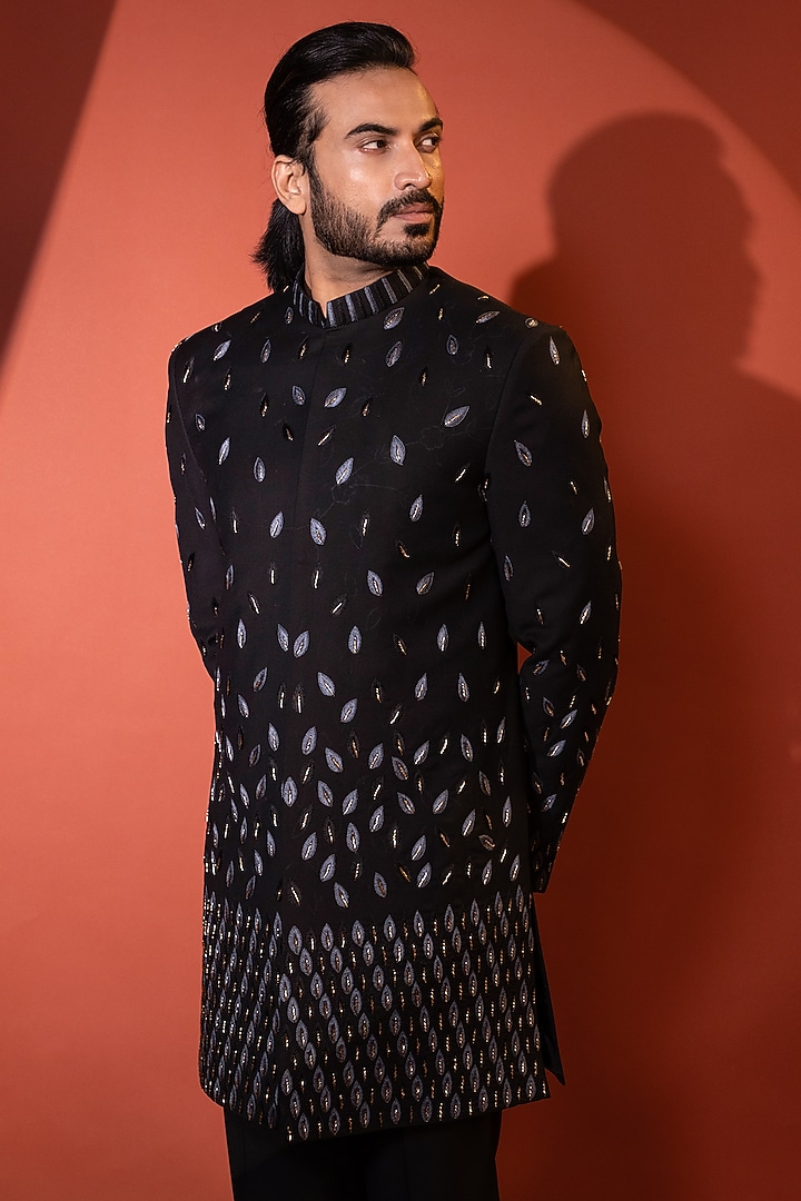 Black Premium Suiting Fabric Thread & Zardosi Embellished Achkan Jacket Set by YOSEBA at Pernia's Pop Up Shop