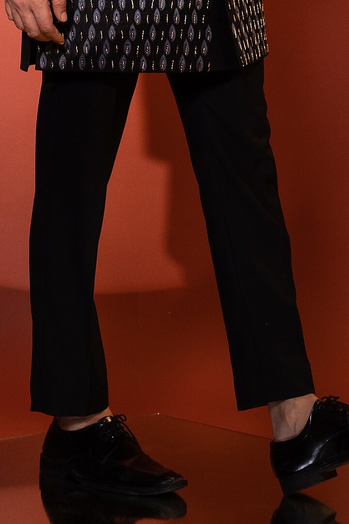Black Premium Suiting Fabric Thread & Zardosi Embellished Achkan Jacket Set by YOSEBA at Pernia's Pop Up Shop