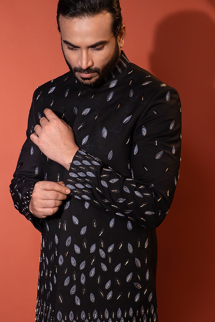 Black Premium Suiting Fabric Thread & Zardosi Embellished Achkan Jacket Set by YOSEBA at Pernia's Pop Up Shop