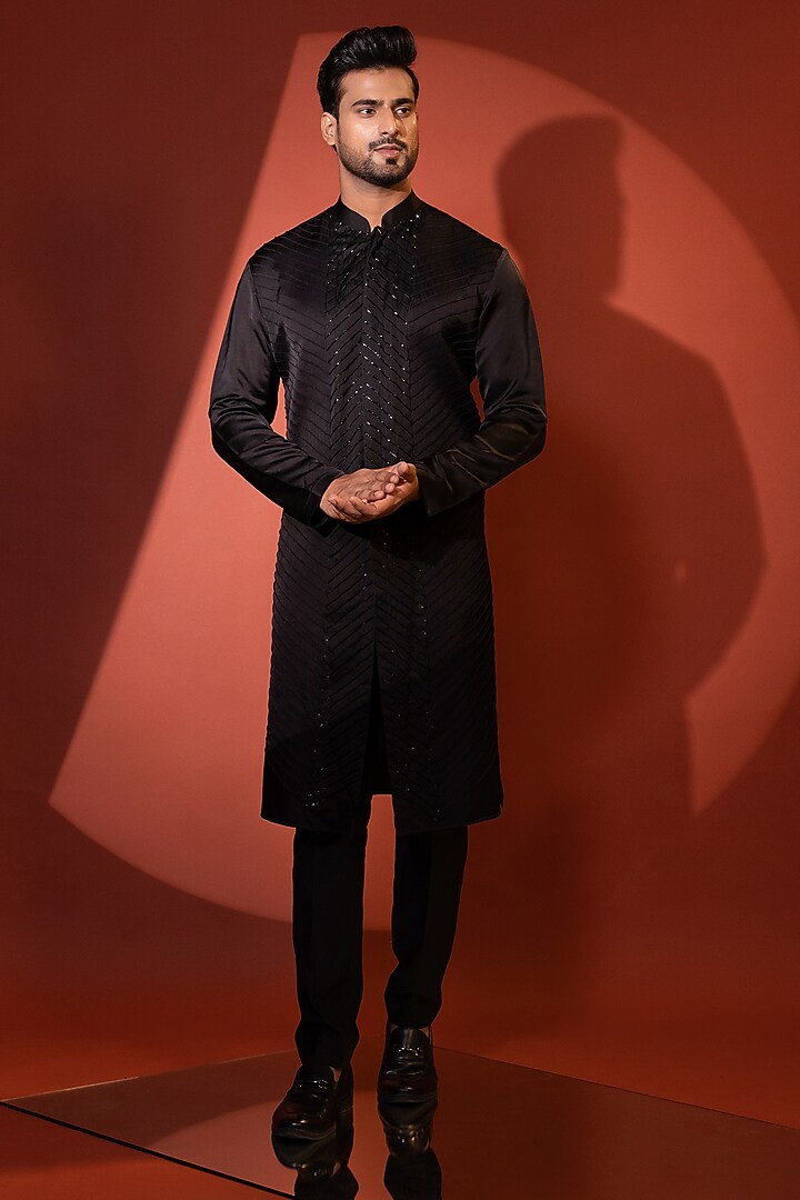 Black Linen Satin Cutdana Embroidered Kurta set by YOSEBA at Pernia's Pop Up Shop