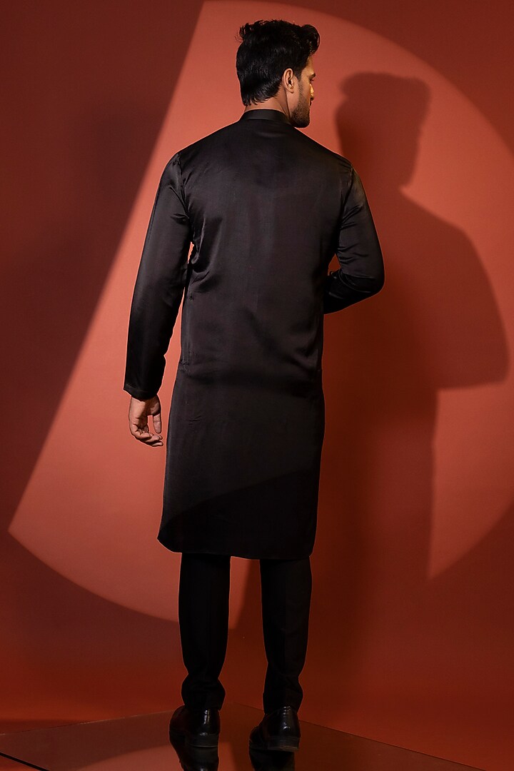 Black Linen Satin Cutdana Embroidered Kurta set by YOSEBA at Pernia's Pop Up Shop