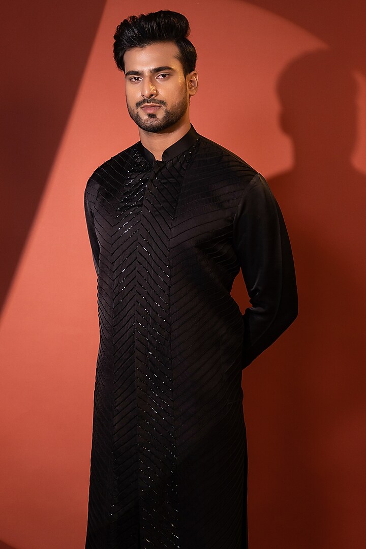 Black Linen Satin Cutdana Embroidered Kurta set by YOSEBA at Pernia's Pop Up Shop