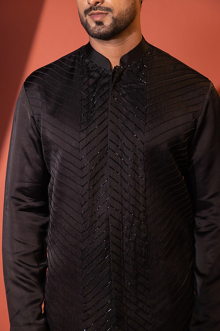 Black Linen Satin Cutdana Embroidered Kurta set by YOSEBA at Pernia's Pop Up Shop
