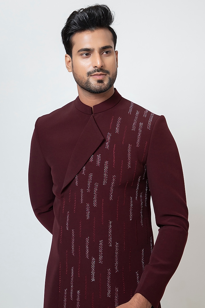 Wine Premium Suiting Fabric Cutdana Embroidered Achkan Jacket Set by YOSEBA at Pernia's Pop Up Shop