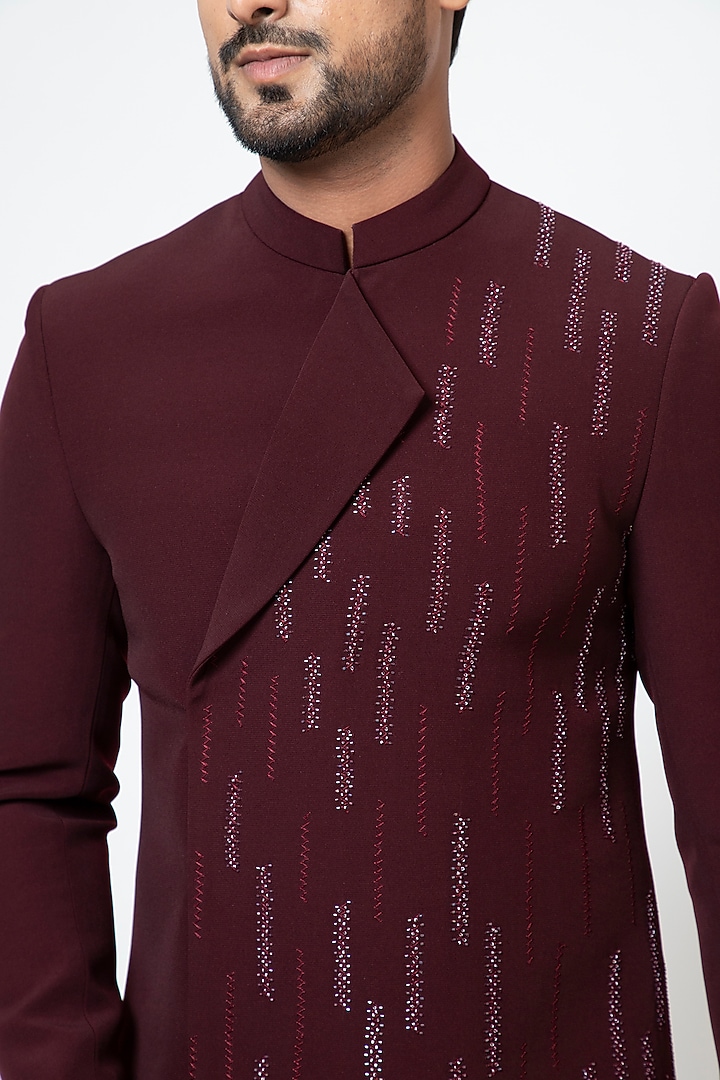 Wine Premium Suiting Fabric Cutdana Embroidered Achkan Jacket Set by YOSEBA at Pernia's Pop Up Shop