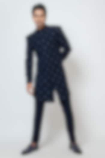 Midnight Blue Premium Suiting Fabric Cutdana Embroidered Achkan Jacket Set by YOSEBA at Pernia's Pop Up Shop