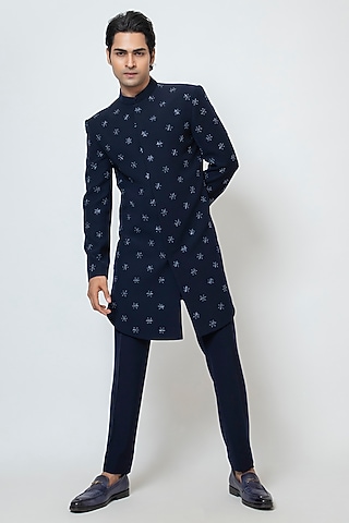 Midnight Blue Premium Suiting Fabric Cutdana Embroidered Achkan Jacket Set by YOSEBA