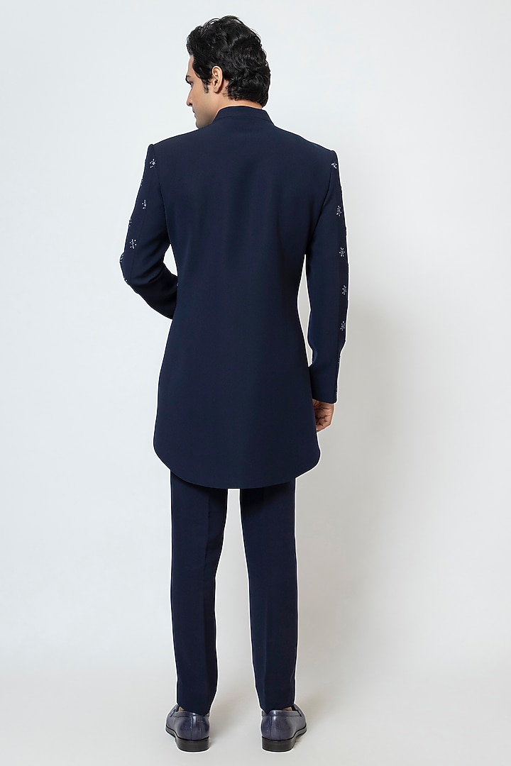 Midnight Blue Premium Suiting Fabric Cutdana Embroidered Achkan Jacket Set by YOSEBA at Pernia's Pop Up Shop