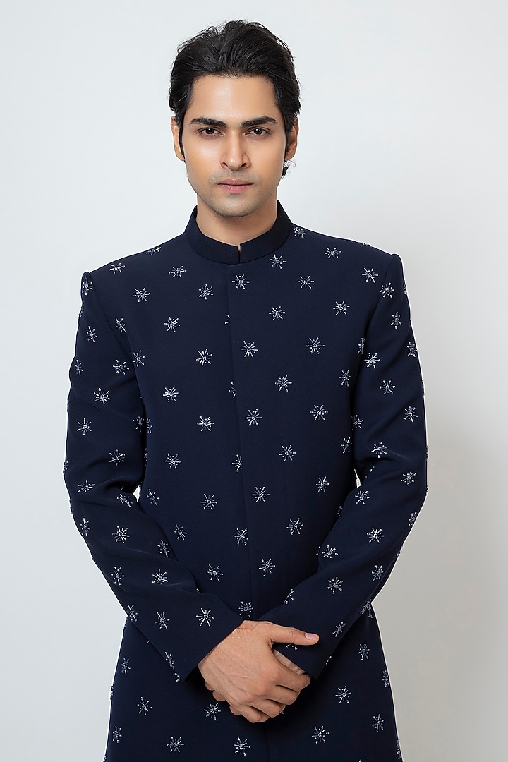 Midnight Blue Premium Suiting Fabric Cutdana Embroidered Achkan Jacket Set by YOSEBA at Pernia's Pop Up Shop