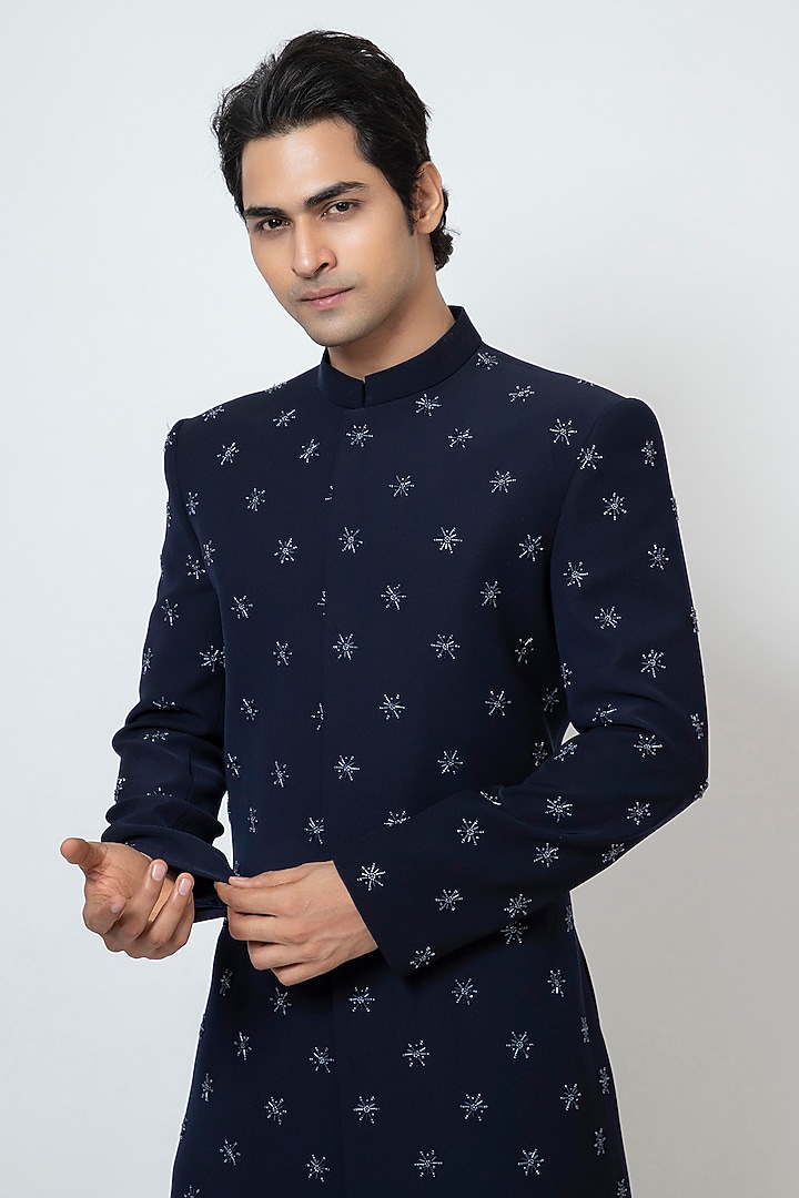 Midnight Blue Premium Suiting Fabric Cutdana Embroidered Achkan Jacket Set by YOSEBA at Pernia's Pop Up Shop