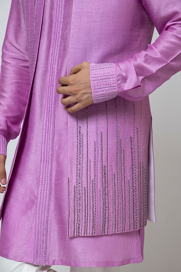 Purple Bam Silk Sequin Embellished Nehru Jacket Set by YOSEBA at Pernia's Pop Up Shop