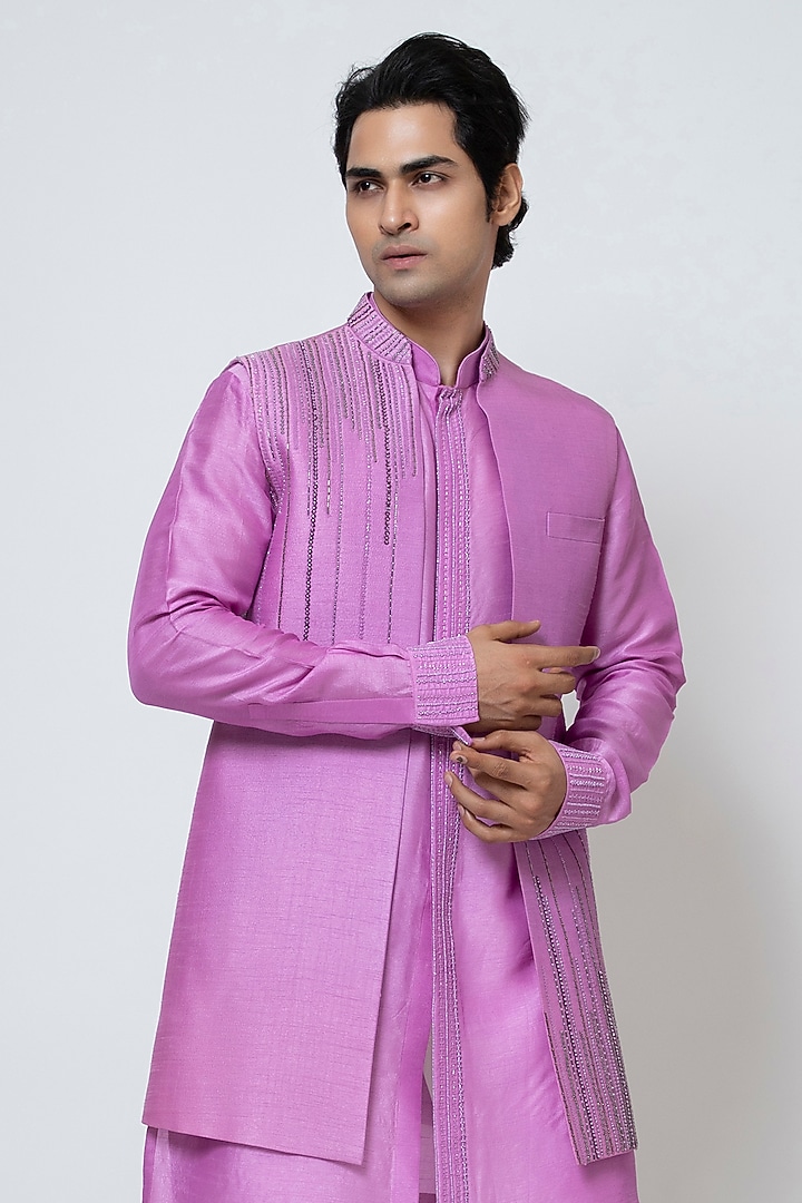 Purple Bam Silk Sequin Embellished Nehru Jacket Set by YOSEBA at Pernia's Pop Up Shop
