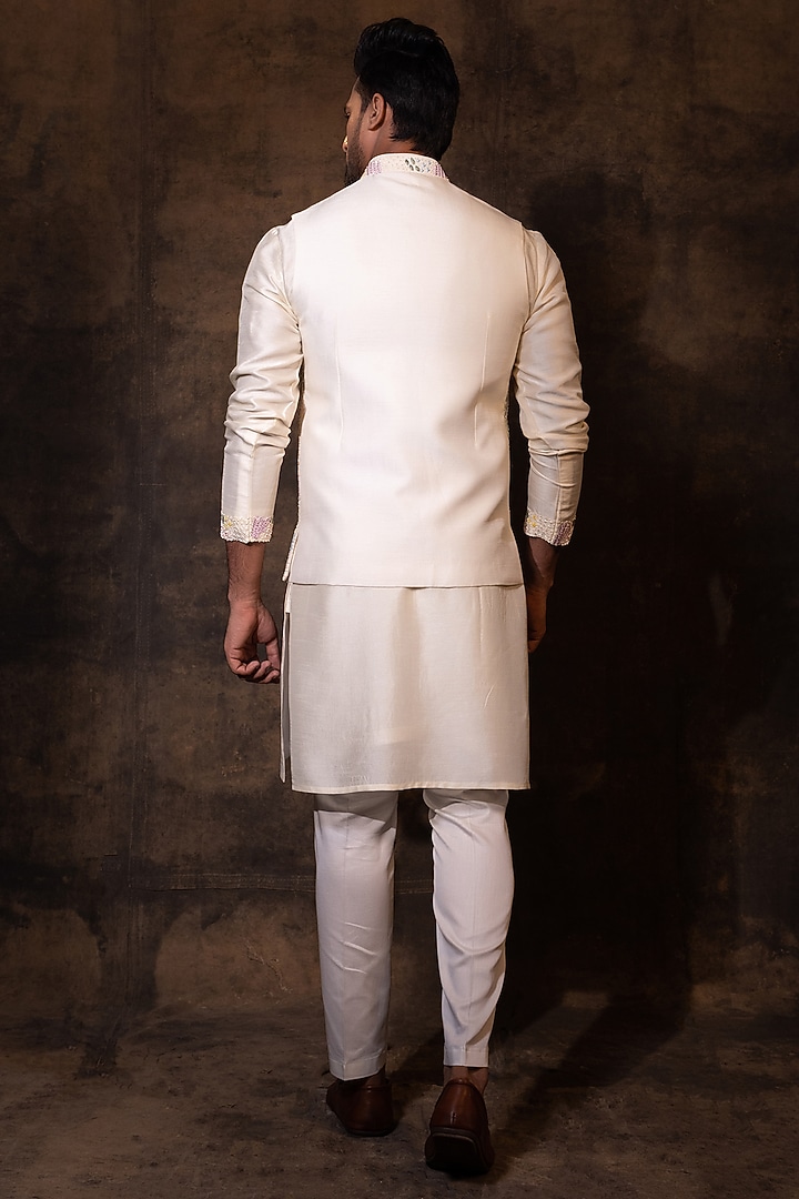 Ivory Bam Silk Thread Work Nehru Jacket Set by YOSEBA at Pernia's Pop Up Shop