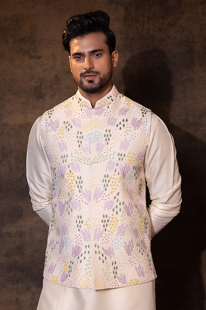 Ivory Bam Silk Thread Work Nehru Jacket Set by YOSEBA at Pernia's Pop Up Shop