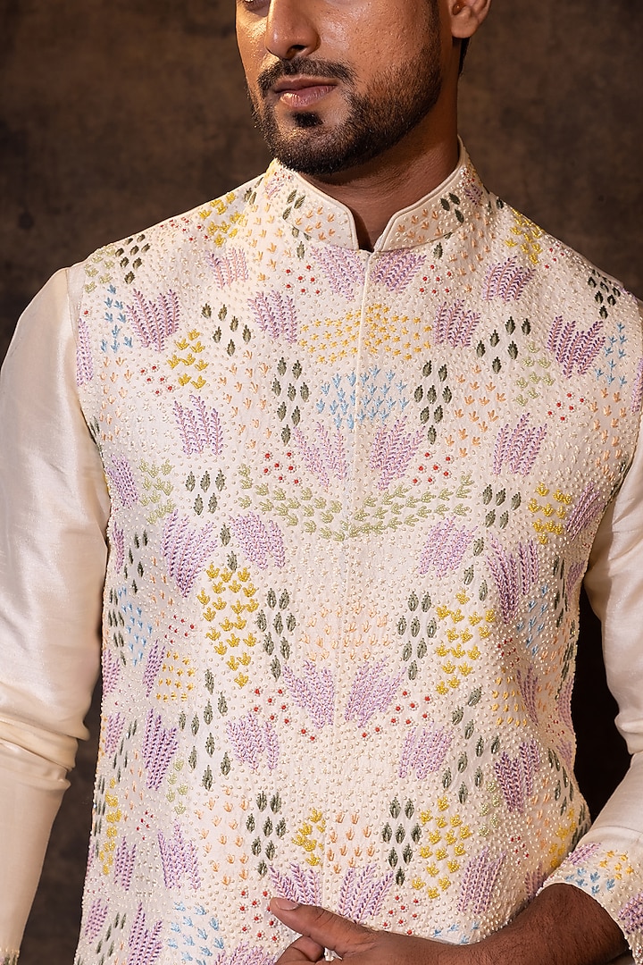 Ivory Bam Silk Thread Work Nehru Jacket Set by YOSEBA at Pernia's Pop Up Shop