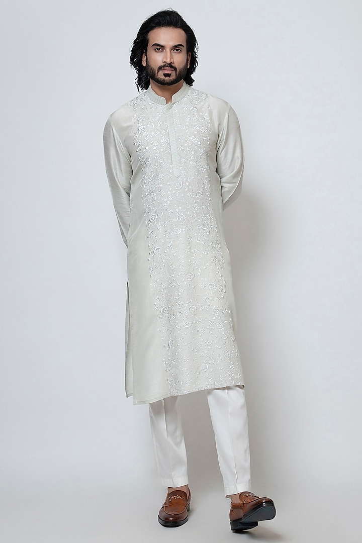 Ice Grey Bam Silk Thread Embroidered Kurta Set by YOSEBA