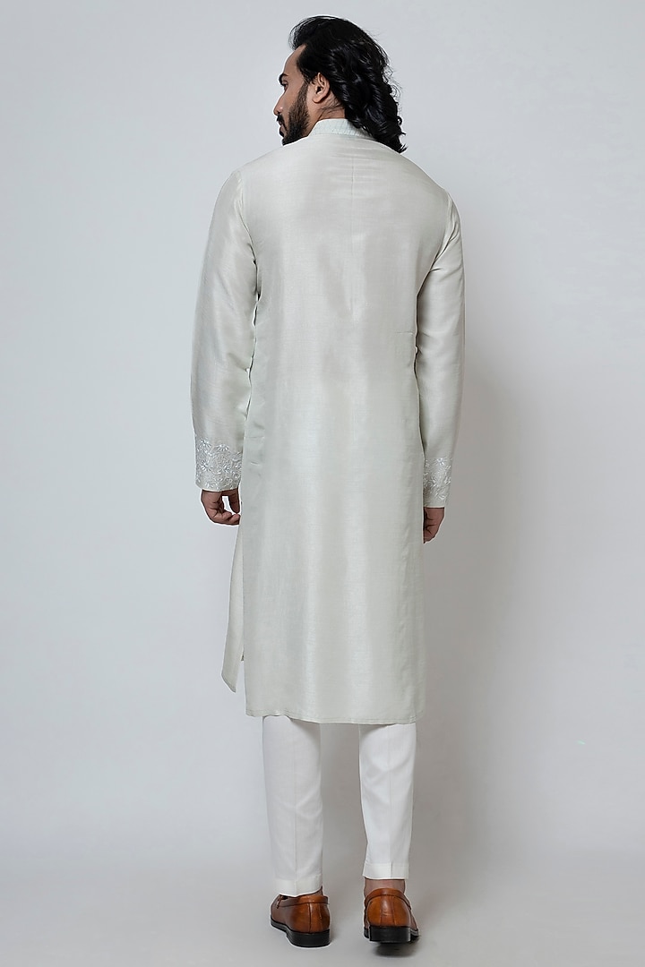 Ice Grey Bam Silk Thread Embroidered Kurta Set by YOSEBA at Pernia's Pop Up Shop