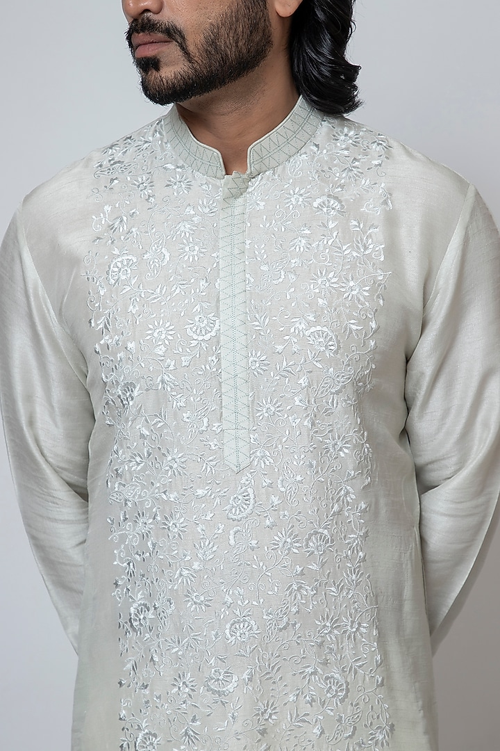 Ice Grey Bam Silk Thread Embroidered Kurta Set by YOSEBA at Pernia's Pop Up Shop