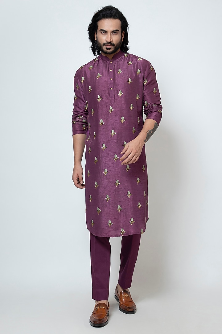 Plum Bam Silk Cutdana Work Kurta Set by YOSEBA at Pernia's Pop Up Shop