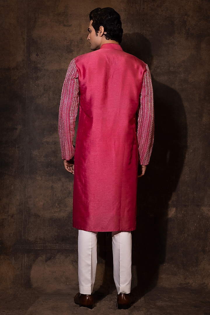 Reddish-Pink Bam Silk Mirror Work Kurta Set by YOSEBA at Pernia's Pop Up Shop