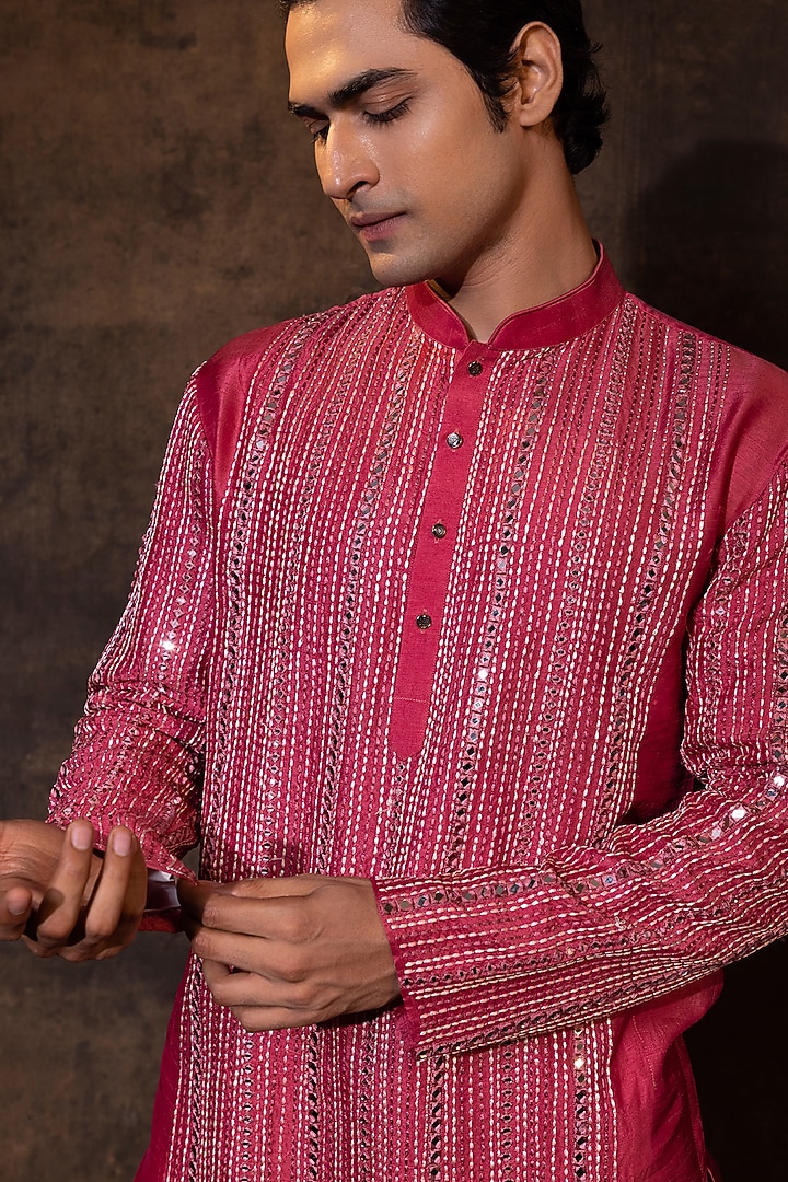 Reddish-Pink Bam Silk Mirror Work Kurta Set by YOSEBA at Pernia's Pop Up Shop