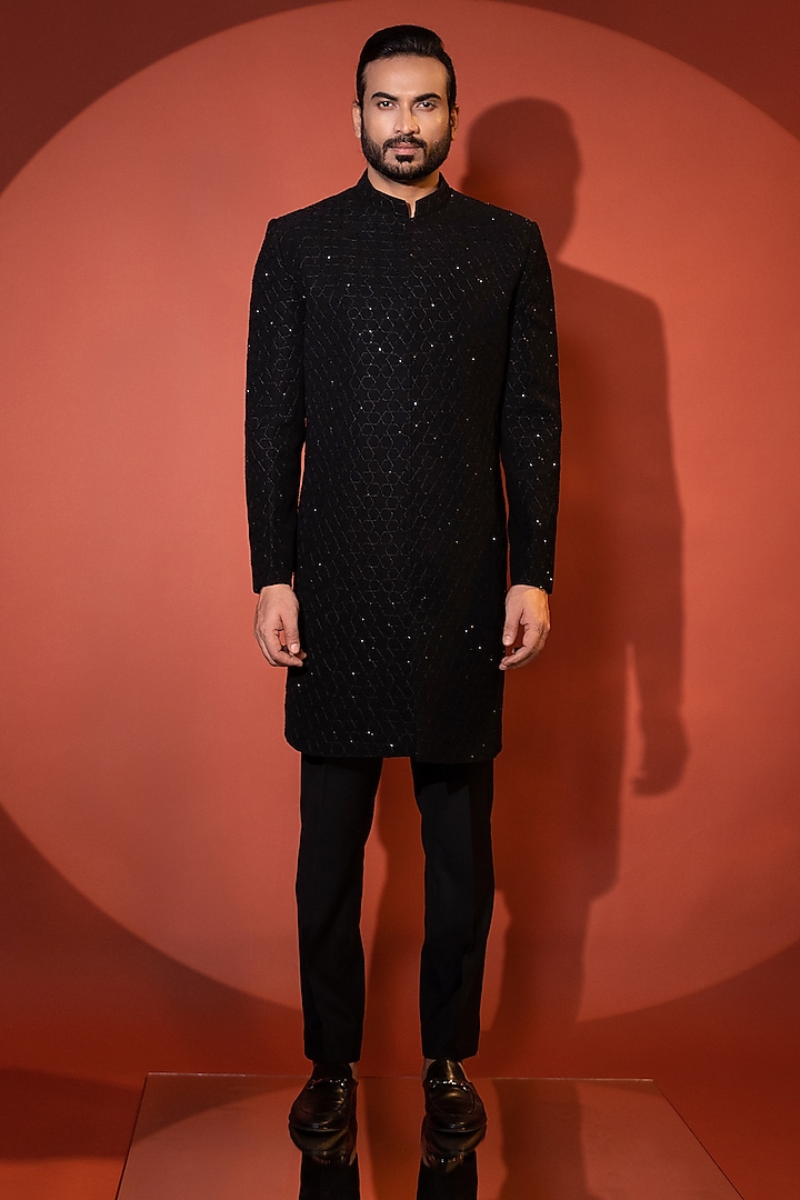 Black Stretchable Premium Suiting Cutdana Embroidered Achkan Set by YOSEBA at Pernia's Pop Up Shop