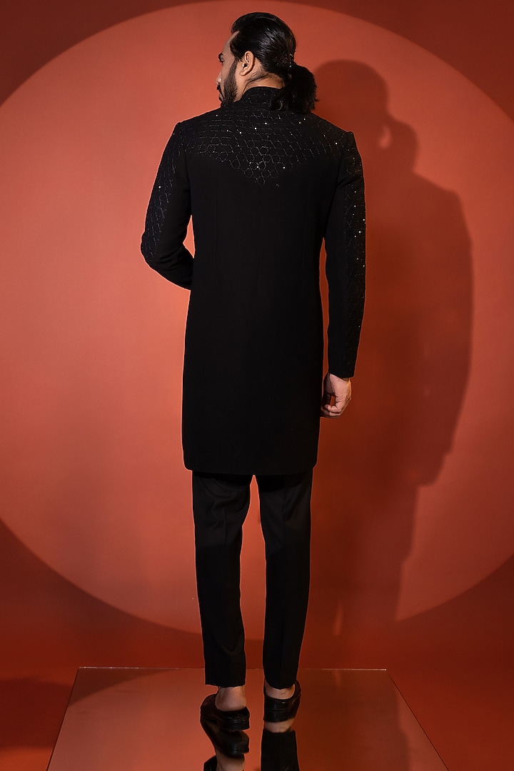 Black Stretchable Premium Suiting Cutdana Embroidered Achkan Set by YOSEBA at Pernia's Pop Up Shop
