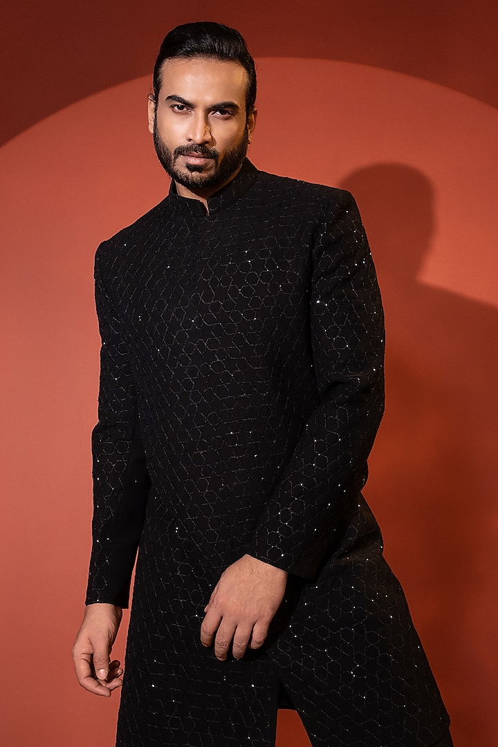 Black Stretchable Premium Suiting Cutdana Embroidered Achkan Set by YOSEBA at Pernia's Pop Up Shop