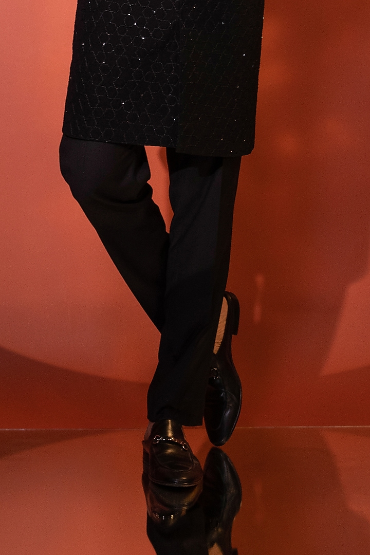 Black Stretchable Premium Suiting Cutdana Embroidered Achkan Set by YOSEBA at Pernia's Pop Up Shop