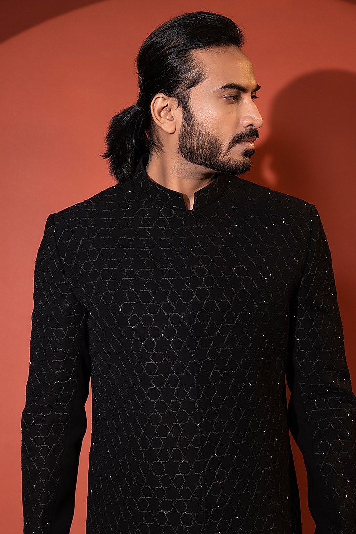 Black Stretchable Premium Suiting Cutdana Embroidered Achkan Set by YOSEBA at Pernia's Pop Up Shop