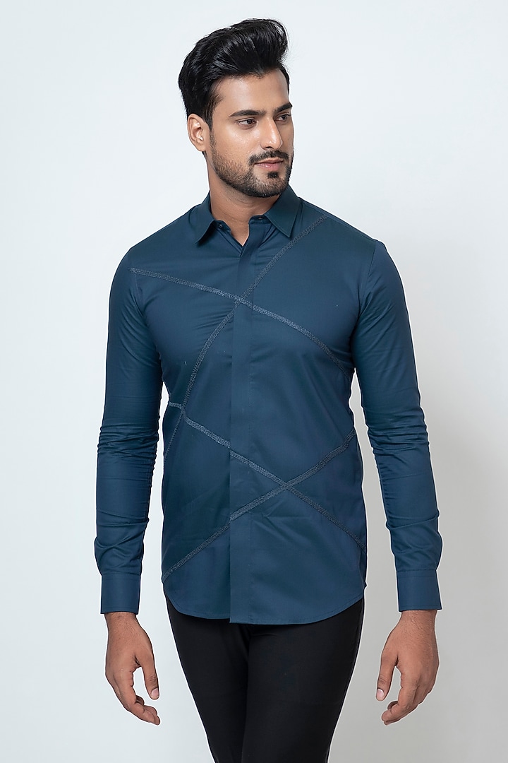 Teal Blue Premium Cotton Party Wear Shirt by YOSEBA at Pernia's Pop Up Shop