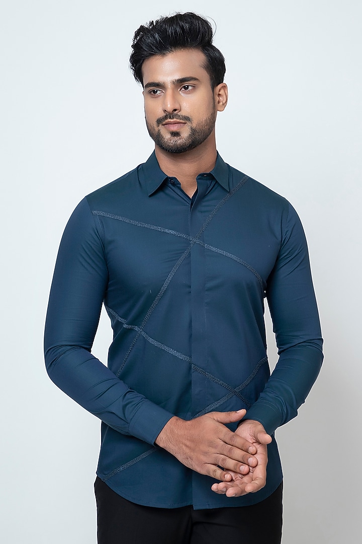 Teal Blue Premium Cotton Party Wear Shirt by YOSEBA at Pernia's Pop Up Shop