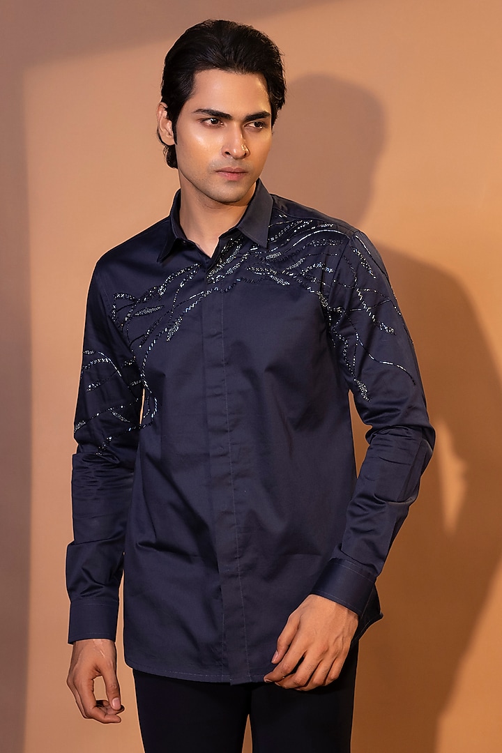 Blue Premium Cotton Cutdana Embroidered Shirt by YOSEBA at Pernia's Pop Up Shop