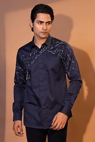 Blue Premium Cotton Cutdana Embroidered Shirt by YOSEBA