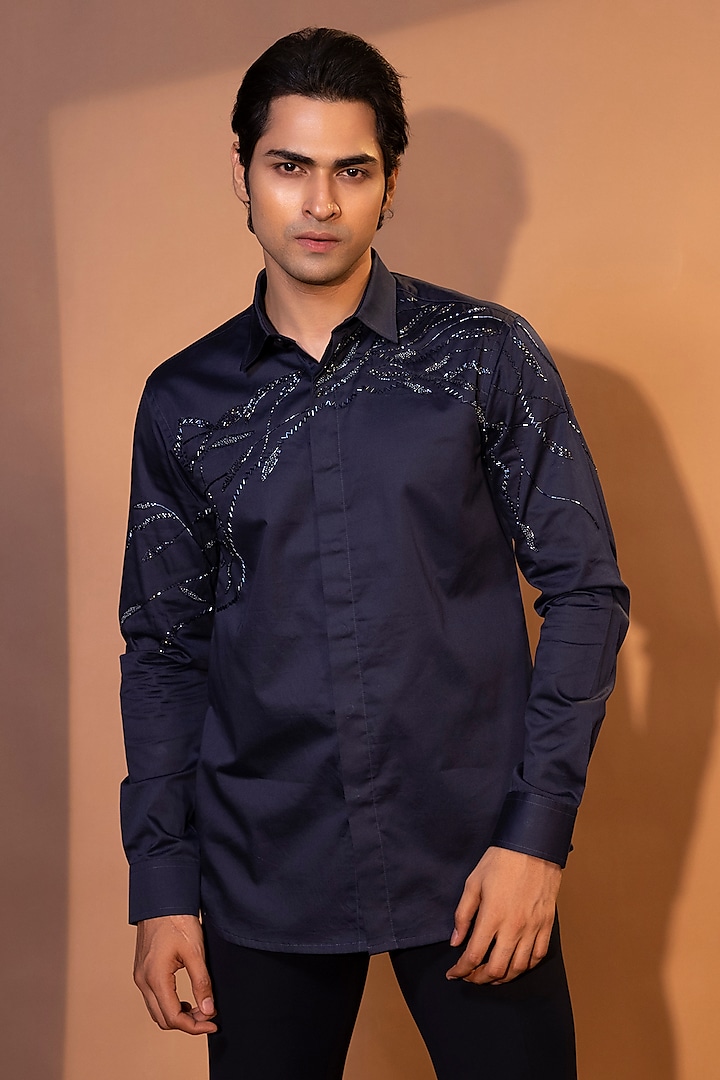 Blue Premium Cotton Cutdana Embroidered Party Wear Shirt by YOSEBA at Pernia's Pop Up Shop
