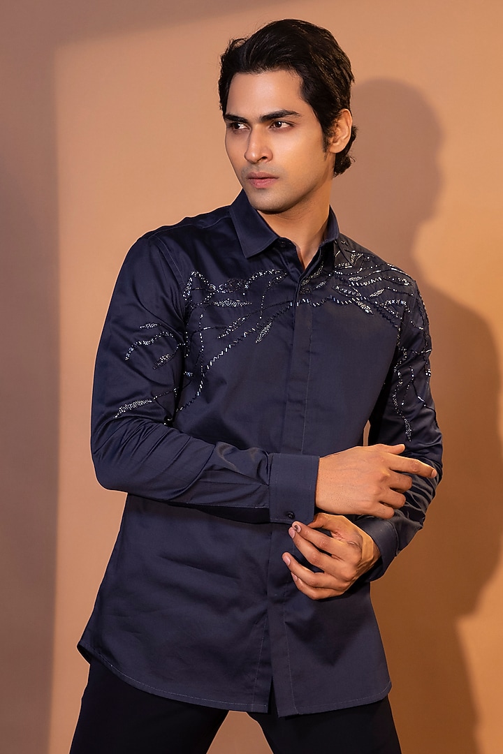 Blue Premium Cotton Cutdana Embroidered Party Wear Shirt by YOSEBA at Pernia's Pop Up Shop