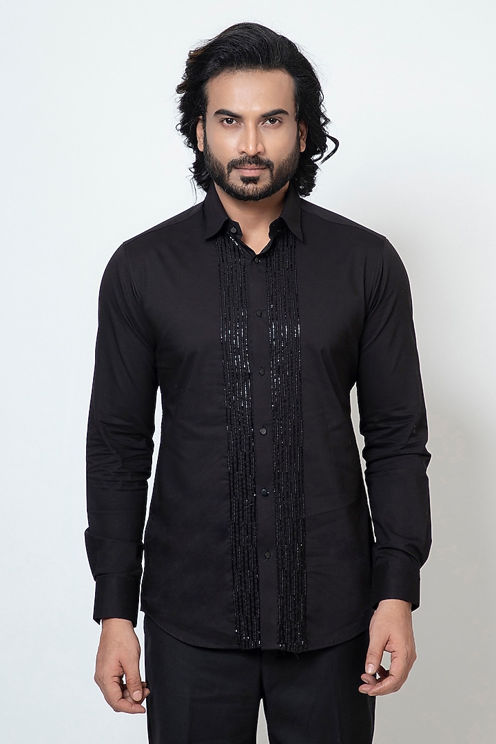 Black Premium Cotton Cutdana Embroidered Party Wear Shirt by YOSEBA at Pernia's Pop Up Shop
