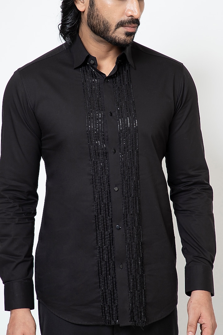 Black Premium Cotton Cutdana Embroidered Party Wear Shirt by YOSEBA at Pernia's Pop Up Shop