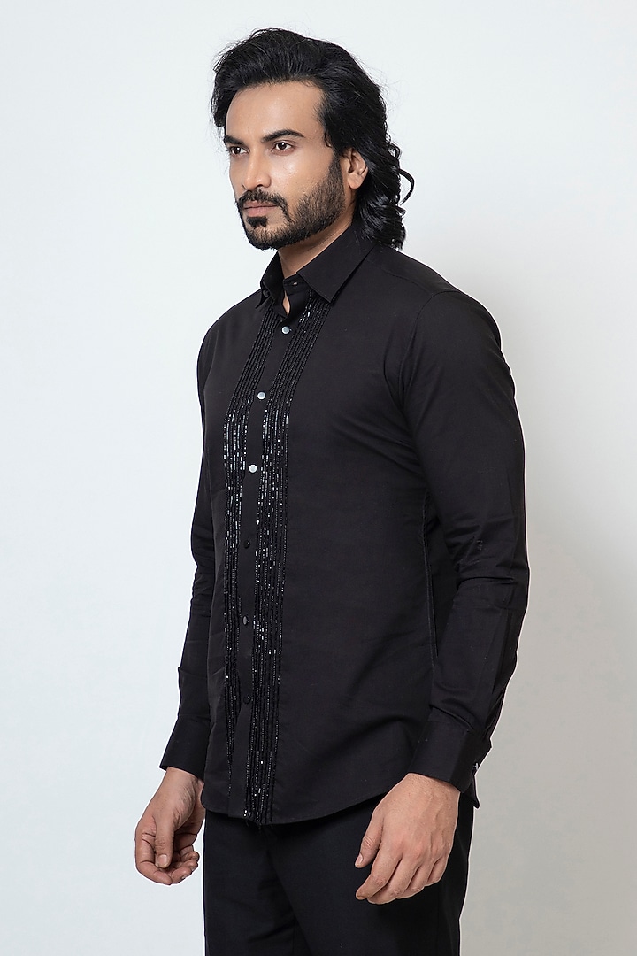 Black Premium Cotton Cutdana Embroidered Party Wear Shirt by YOSEBA at Pernia's Pop Up Shop