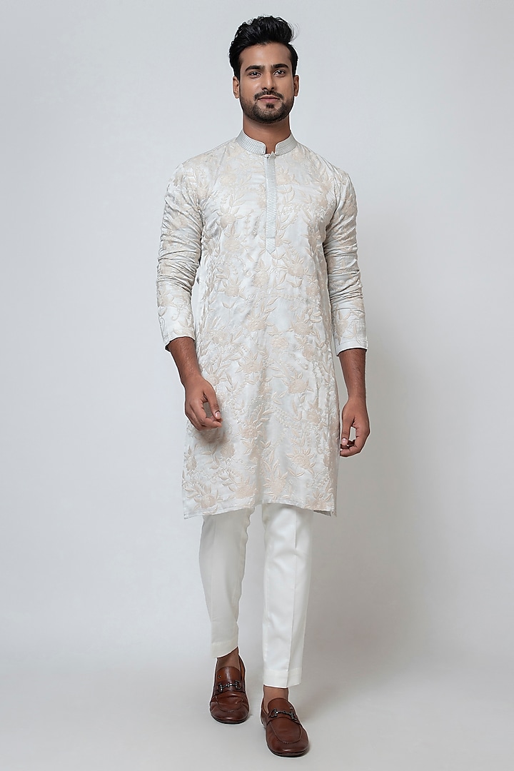 Grey Linen Satin Jaal Work Kurta Set by YOSEBA at Pernia's Pop Up Shop