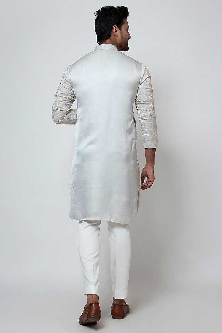 Grey Linen Satin Jaal Work Kurta Set by YOSEBA at Pernia's Pop Up Shop