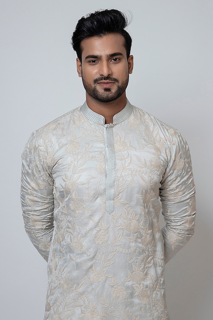 Grey Linen Satin Jaal Work Kurta Set by YOSEBA at Pernia's Pop Up Shop