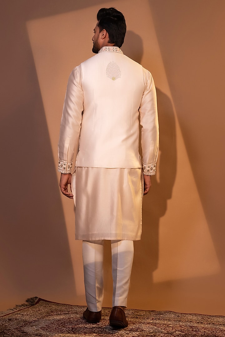 Ivory Chanderi Silk Thread Work Nehru Jacket Set by YOSEBA at Pernia's Pop Up Shop