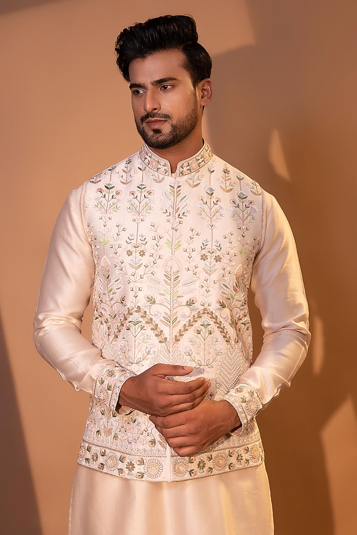Ivory Chanderi Silk Thread Work Nehru Jacket Set by YOSEBA at Pernia's Pop Up Shop