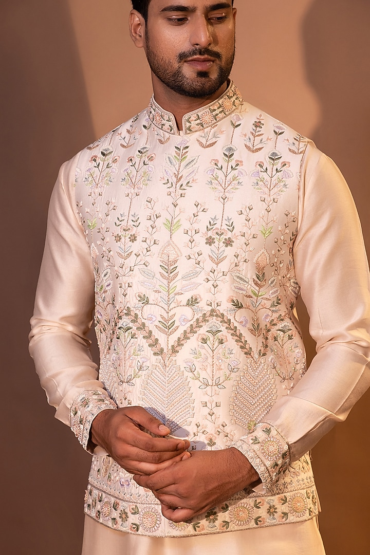 Ivory Chanderi Silk Thread Work Nehru Jacket Set by YOSEBA at Pernia's Pop Up Shop