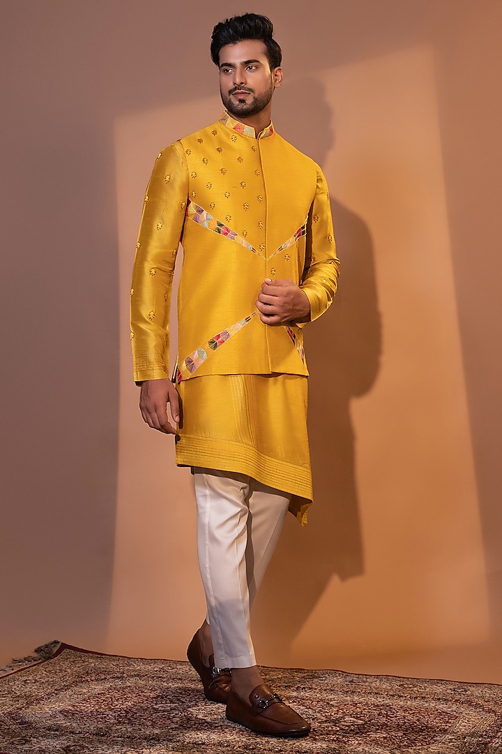 Mustard Yellow Bam Silk Embroidered Nehru Jacket Set by YOSEBA