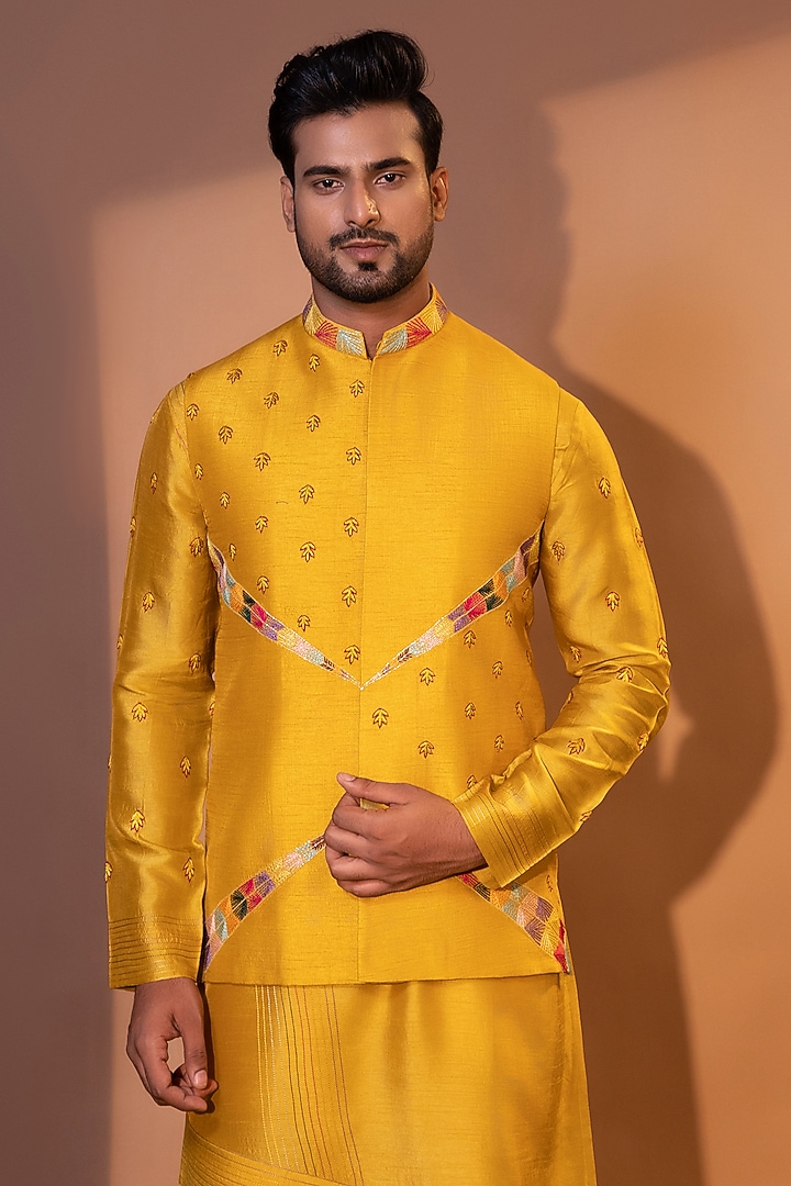 Mustard Yellow Bam Silk Embroidered Nehru Jacket Set by YOSEBA at Pernia's Pop Up Shop